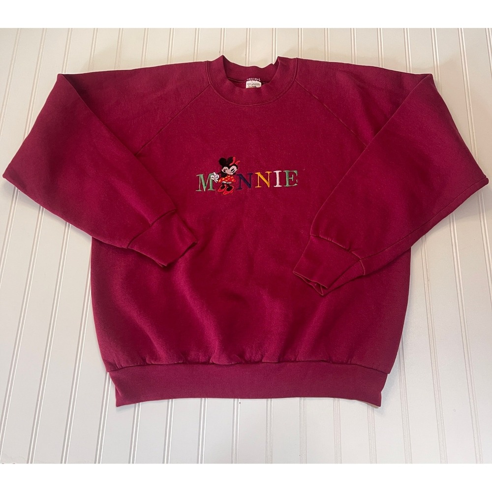 Vintage Fruit of the Loom Minnie Mouse Sweatshirt Maroon Embroidered Large USA